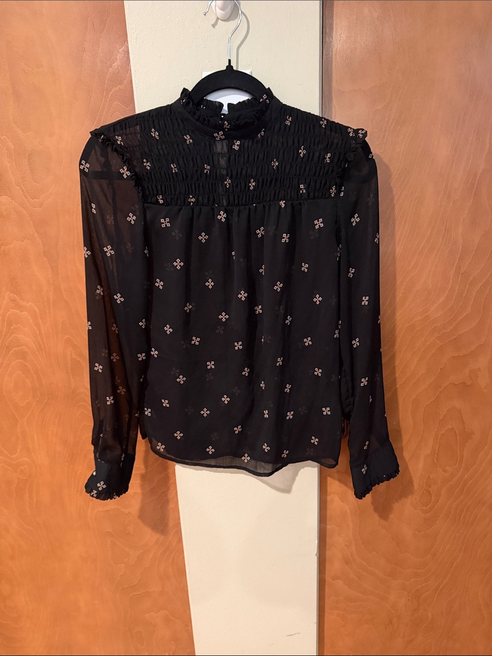 Who What Wear Black Sheer Smocked Neck Blouse with Pale Pink Motif